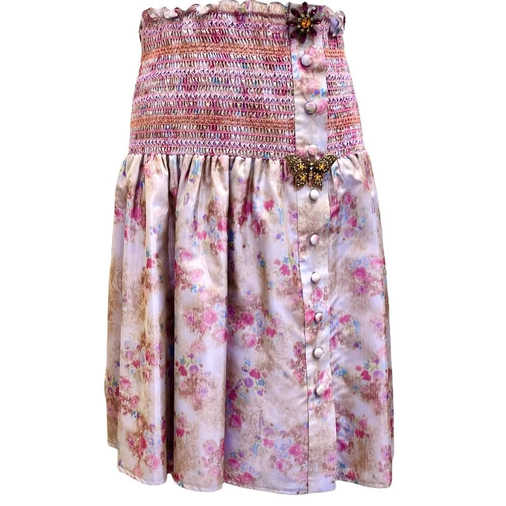 NANETTE LAPORE LAVENDER MULTICOLORED FLORAL SMOCKED SKIRT W REMOVABLE BROOCHES